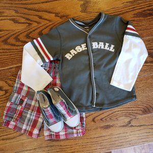 GYMBOREE Long Sleeve Shirt Shorts Sneakers Baseball Size 7 Madras Plaid Boys